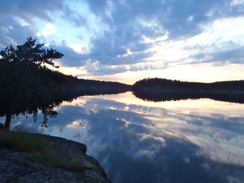 A body of water with trees and clouds in the sky.