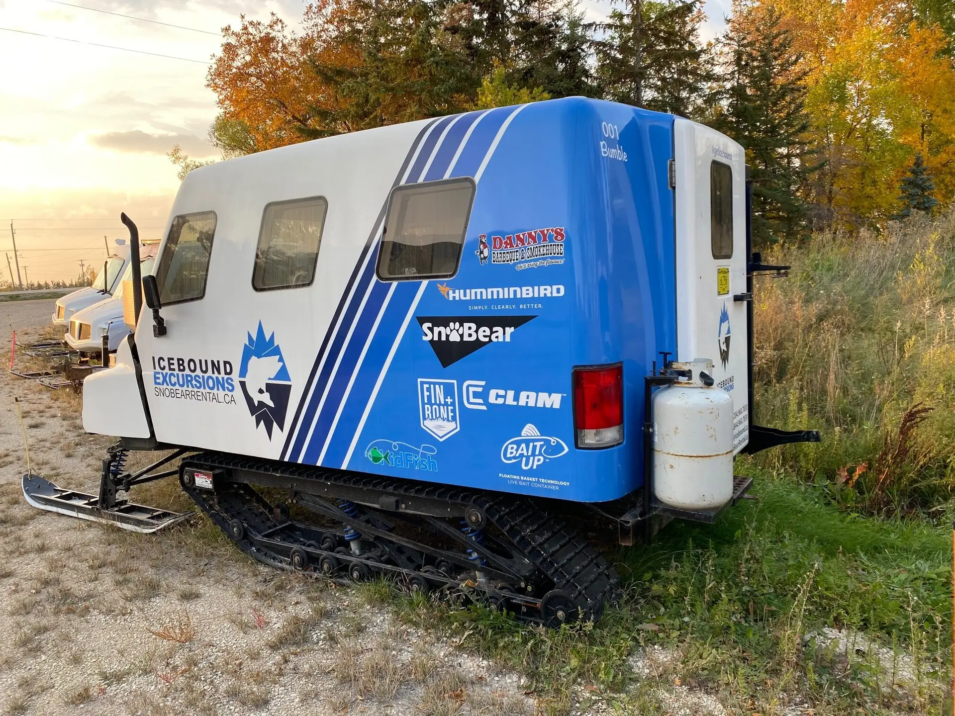 A small blue and white truck parked on the side of a road.